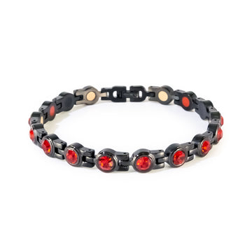Crimson black stainless steel bracelet with red crystals clasped front view.